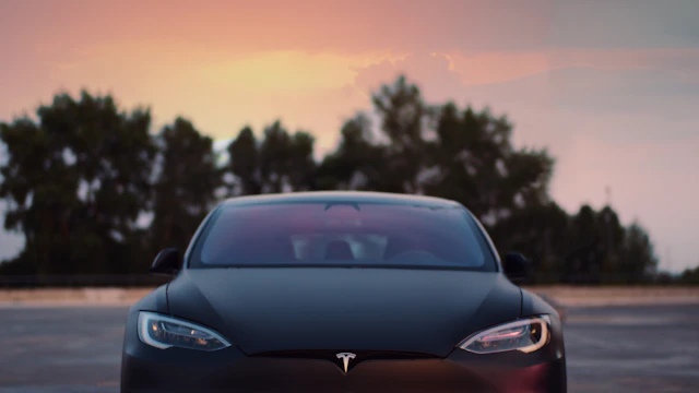 Tesla Model S o zmierzchu na tle drzew